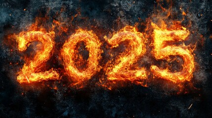Fiery 2025 New Year's Arrival - Burning numbers, intense heat, fiery energy, future vision, new beginnings.