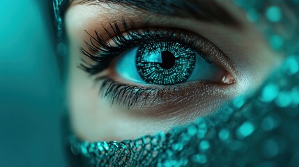 An eye showcased with a prominent digital grid pattern complemented by blue highlights, signifying vision, technology, and cyber innovations.