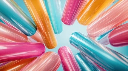 A collection of bright, glossy cylinders converge, forming an engaging and modern abstract pattern set against a calming blue background in this artistic image.