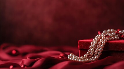 Fototapeta premium An elegant pearl necklace gracefully drapes over a luxurious red velvet box. The rich red tones exude a sense of sophistication and timeless charm.