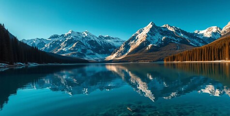 Naklejka premium Serene Mountain Reflections: A tranquil lake mirrors the majestic snow-capped peaks of a mountain range, creating a breathtaking landscape of calm and serenity. 