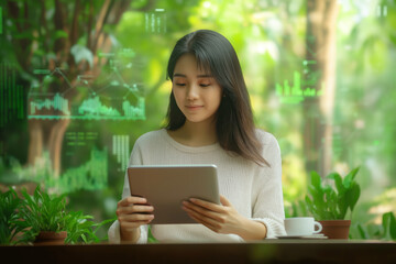 Fototapeta premium Young Woman Using Tablet for E-commerce Analysis in a Futuristic Green Nature Setting Generative AI