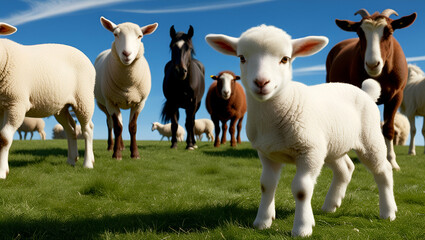 Fototapeta premium A playful white lamb standing proudly in a wide-open field, with a variety of animals dotting the landscape behind, reflecting the charm of countryside living.