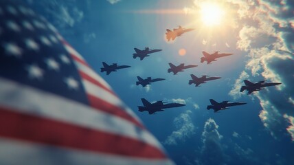 Fighter Jets with American Flag in Sky