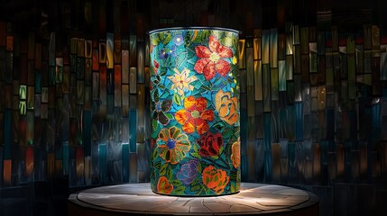 A mosaic podium featuring a floral design in vibrant colors, with a soft spotlight highlighting the detailed craftsmanship
