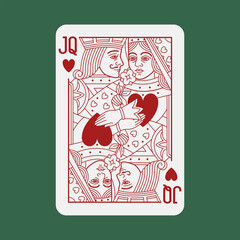 Jack and Queen (couple) of Hearts Poker non-existent playing card. Casino gambling design element. Vector illustration with editable stroke line. Author's vision, design.