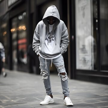 86. Trendy street style with graphic hoodies, ripped jeans, and