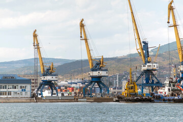 Novorossiysk, Russia 08.18.2023 Port cranes,Black Sea port Krasnodar Territory Novorossiysk