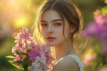 Fototapeta premium A young woman with radiant features holds a vibrant bouquet of flowers, embodying grace and strength while celebrating International Women’s Day in a sunlit garden