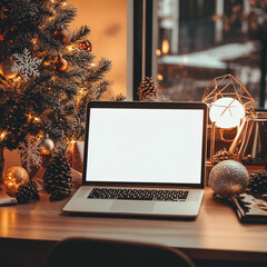 Modern Office Desk with Christmas Decorations and Blank Laptop Screen