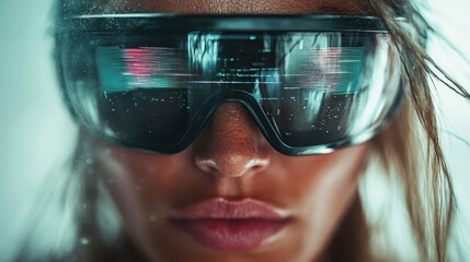 A powerful image of a woman intensely engaged with a virtual reality headset, with a digital overlay, representing the immersive experience of VR technology today.