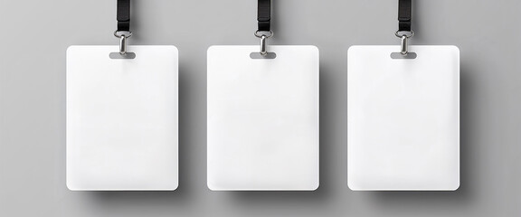 Three blank ID cards hanging with lanyards on a gray background and copy space