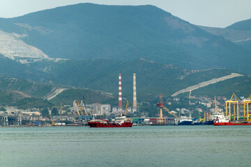 Novorossiysk, Russia 08.18.2023 Port cranes,Black Sea port Krasnodar Territory Novorossiysk
