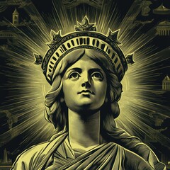 Obraz premium Statue Illustration Featuring a Majestic Carved Female Figure Wearing an Ornate Crown with Radiant Light Design Elements in Background