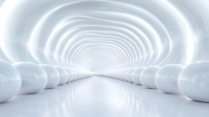 A brilliantly illuminated white tunnel showcases a futuristic smooth round design, exuding...