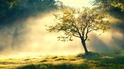 Obraz premium forestry industry concept. A serene tree surrounded by mist and sunlight in a tranquil landscape.