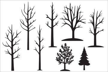 Various black tree silhouettes on white background.