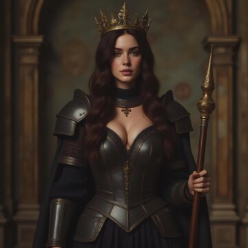 La reina guerrera medieval con armadura y cetro dorado en un palacio antiguo
