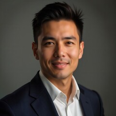 Un hombre con traje azul oscuro y camisa blanca, posando sobre un fondo gris, mostrando una imagen profesional y elegante
