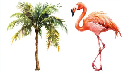 Tropical Flamingo and Palm Watercolor Painting
