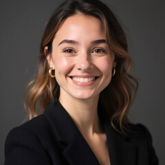 Una mujer con cabello ondulado y aretes dorados posando con un fondo gris oscuro
