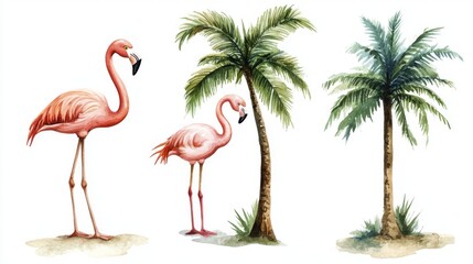 Obraz premium Watercolor Illustration of Pink Flamingos and Palm Trees