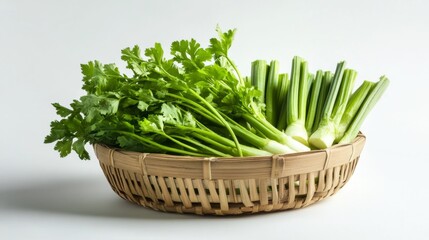Fresh Coriander and Celery in a Woven Basket