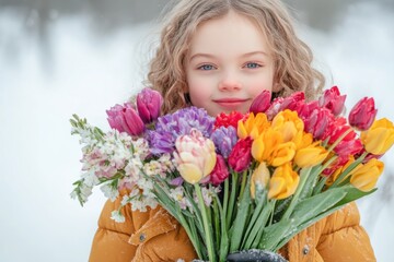 Naklejka premium With a bright smile, a girl stands against a serene winter backdrop, proudly holding a colorful bouquet of flowers. Her joy reflects the spirit of International Women's Day, inspiring all