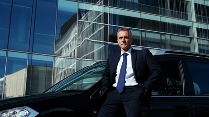 Man in a suit and tie is standing next to a black car