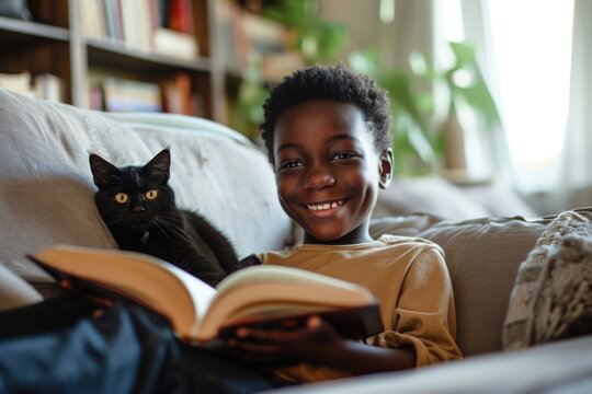 Happy African American Boy Reading Book with Cat on Living Room Couch - Powered by Adobe