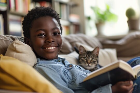Happy African American Boy Reading with Cat on Couch in Cozy Living Room