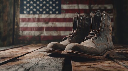 Work Boots with American Flag on Rustic Table
