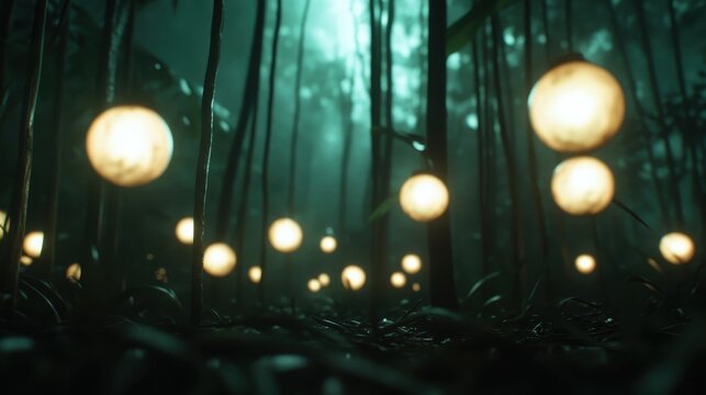 A mystical setting in a dense forest, where ethereal glowing orbs create a tranquil and magical ambiance as they illuminate the misty environment.