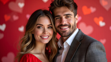 Romantic Couple Posing with Valentine’s Day Decorations and Heart Balloons for Love-Themed Photography.