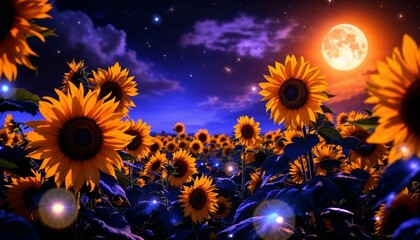 Sunflowers in Moonlight Night Field Beautiful Nature