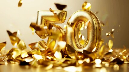 Golden 3D Number 50 for 50th Anniversary Celebration with Glittering Background - Powered by Adobe