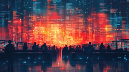 Fototapeta premium A mesmerizing digital art scene featuring silhouetted figures engaged in contemplation within a fantastical futuristic library bathed in vibrant hues of orange and blue light