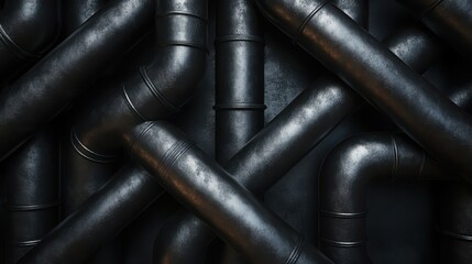 A series of sleek black pipes intricately arranged, forming an industrial maze. The smooth finish and interconnected design create a sophisticated urban feel.