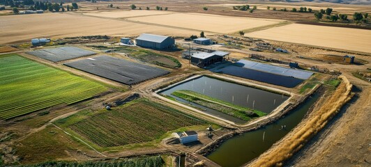 Aerial View of a Modern Sustainable Farm with Aquaculture Ponds and Diverse Crops