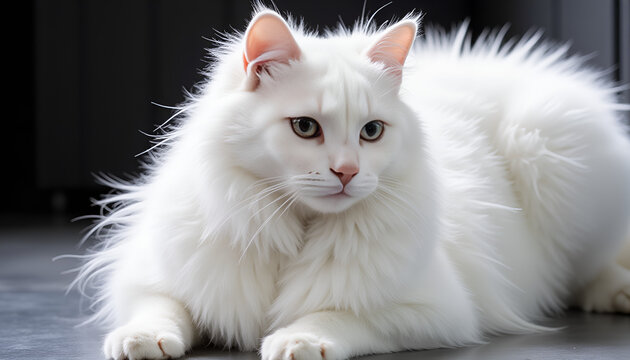 Turkish Angora cat with long white fur resting gracefully indoors, calm mood, soft background, pet concept - Powered by Adobe