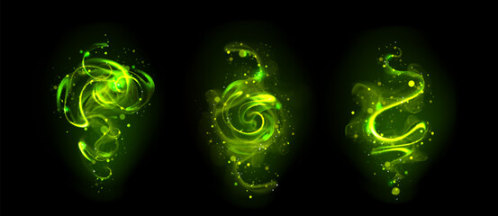 Green magic wand effect. Light trail and sparkle. Spell line with glitter and twinkle swirl. Miracle dust wave shine after fantasy witchcraft isolated sorcery on black background. Neon streak curve © klyaksun