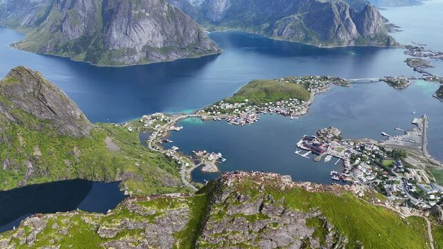 Amazing Orbiting Drone Shot Above Reinebringen, Reine, Norway. 4K.