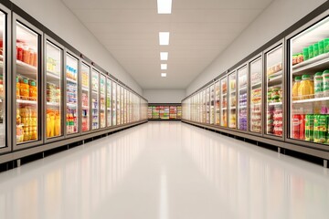 Empty supermarket aisle with freezers showcases with different products