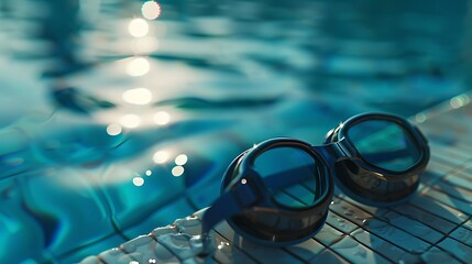 A detailed shot of swim goggles lying on the poolside.