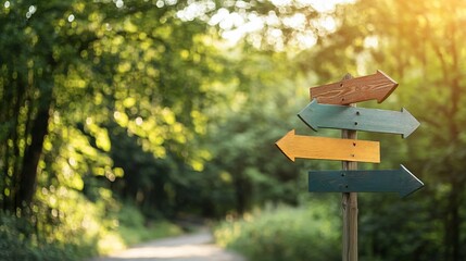 Exploring Nature Trails A Wooden Directional Sign with Arrows Pointing In Scenic Forest Environment Tranquil Viewpoint