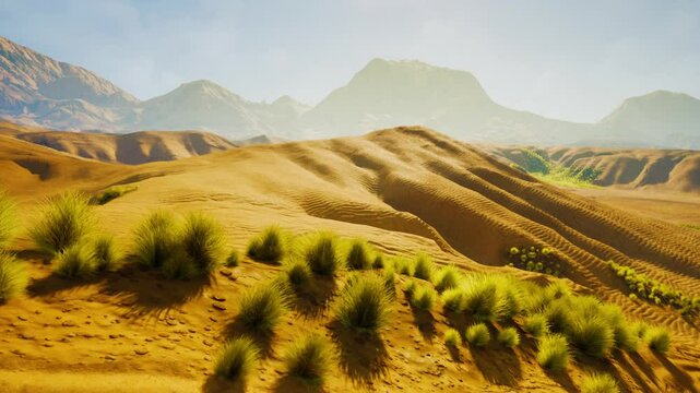 A stunning computer-generated desert landscape with majestic mountains in the background