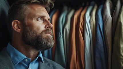 A man gazes thoughtfully to the side, examining a variety of clothes in his closet, signifying decisions about personal expression and fashion exploration.