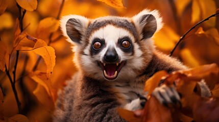 Fototapeta premium Portrait of happy lemur rejoices in autumn.