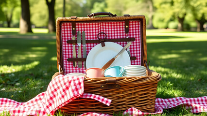 1950s-style picnic basket with gingham cloth and pastel dishes, set in a sunny park