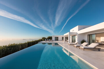 Fototapeta premium Modern villa with infinity pool overlooking serene landscape at sunset